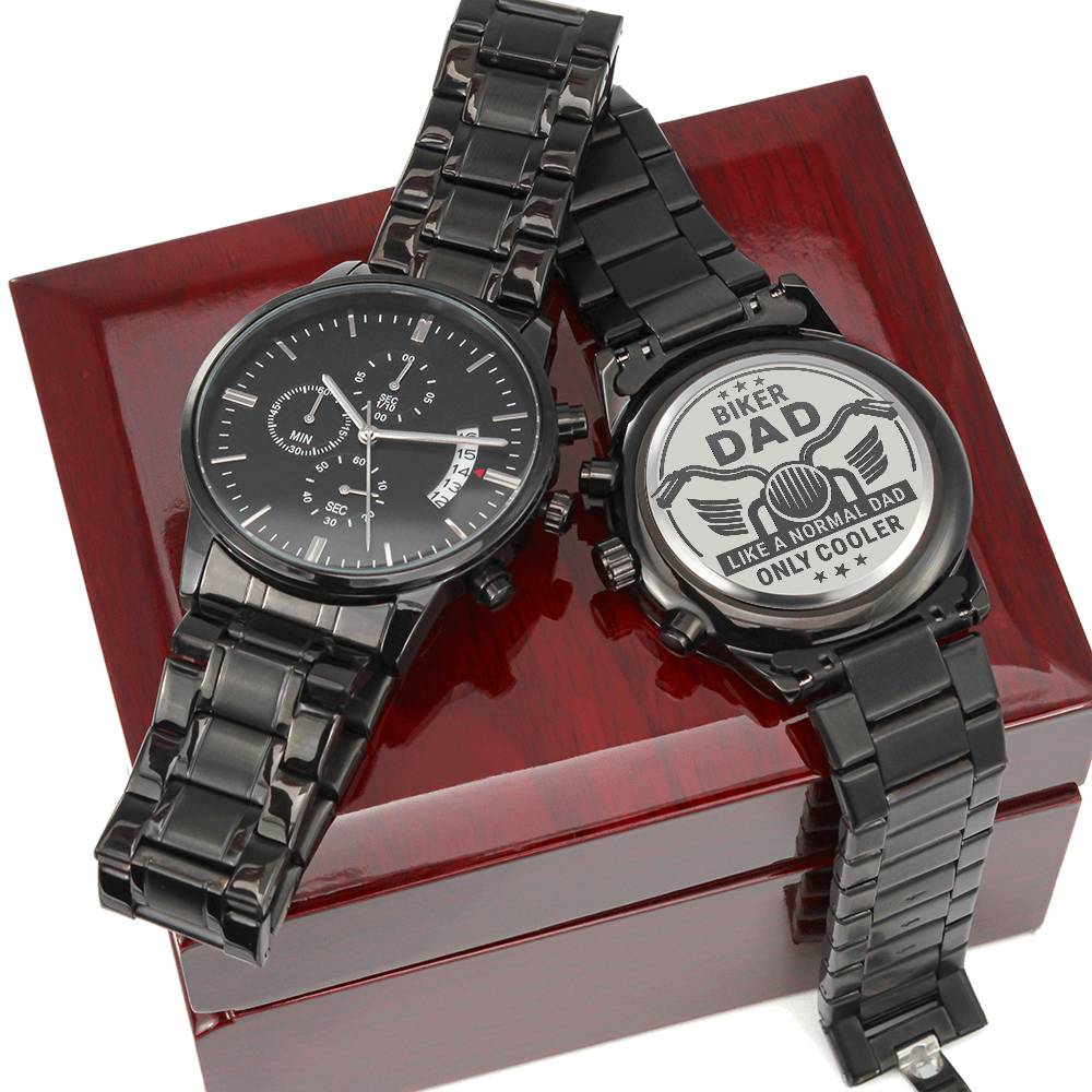 Biker Dad - Engraved Design Black Chronograph Watch