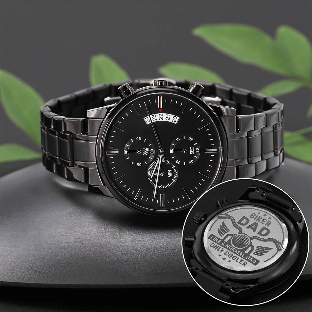 Biker Dad - Engraved Design Black Chronograph Watch