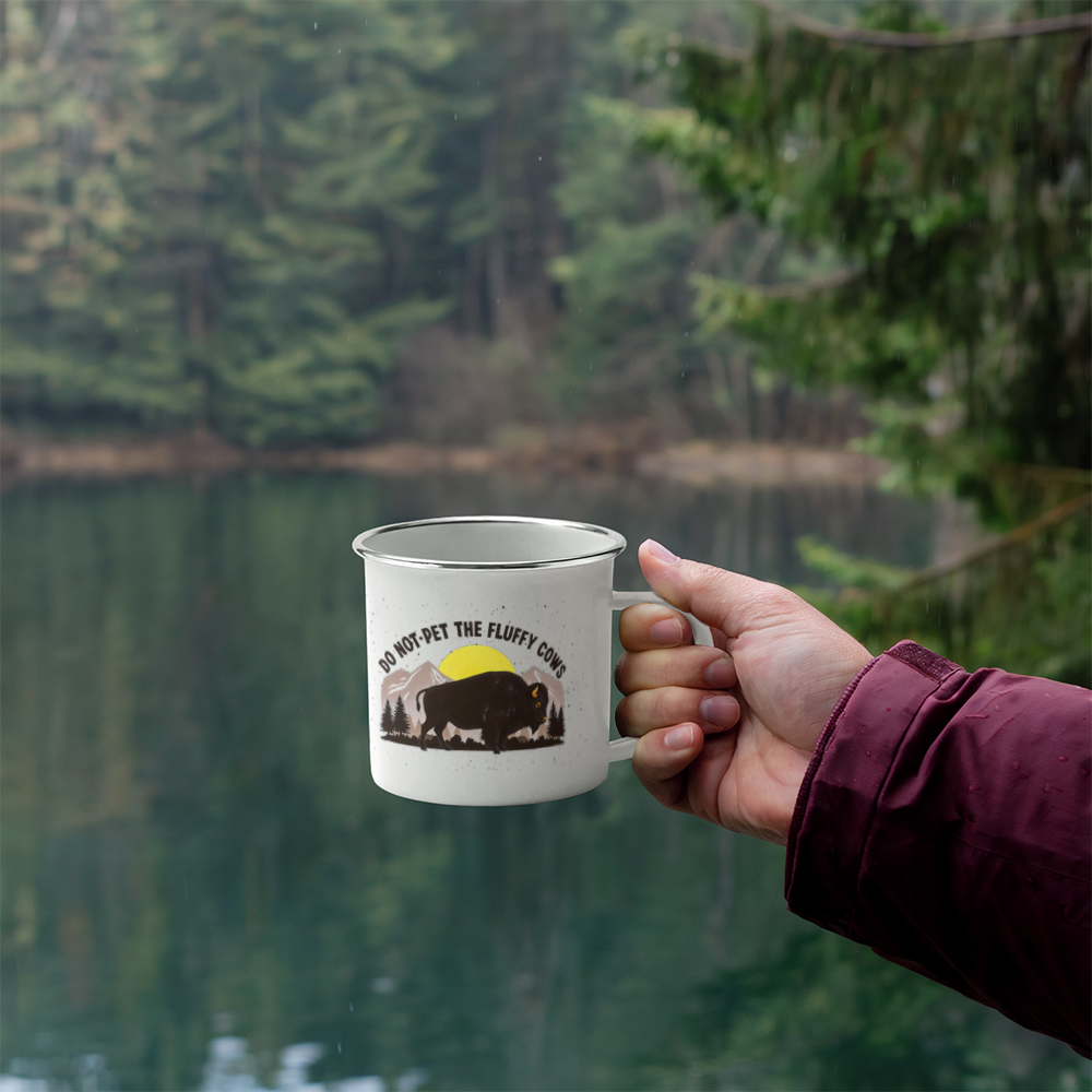 Enamel Camping Mug - Do not pet the fluffy cows