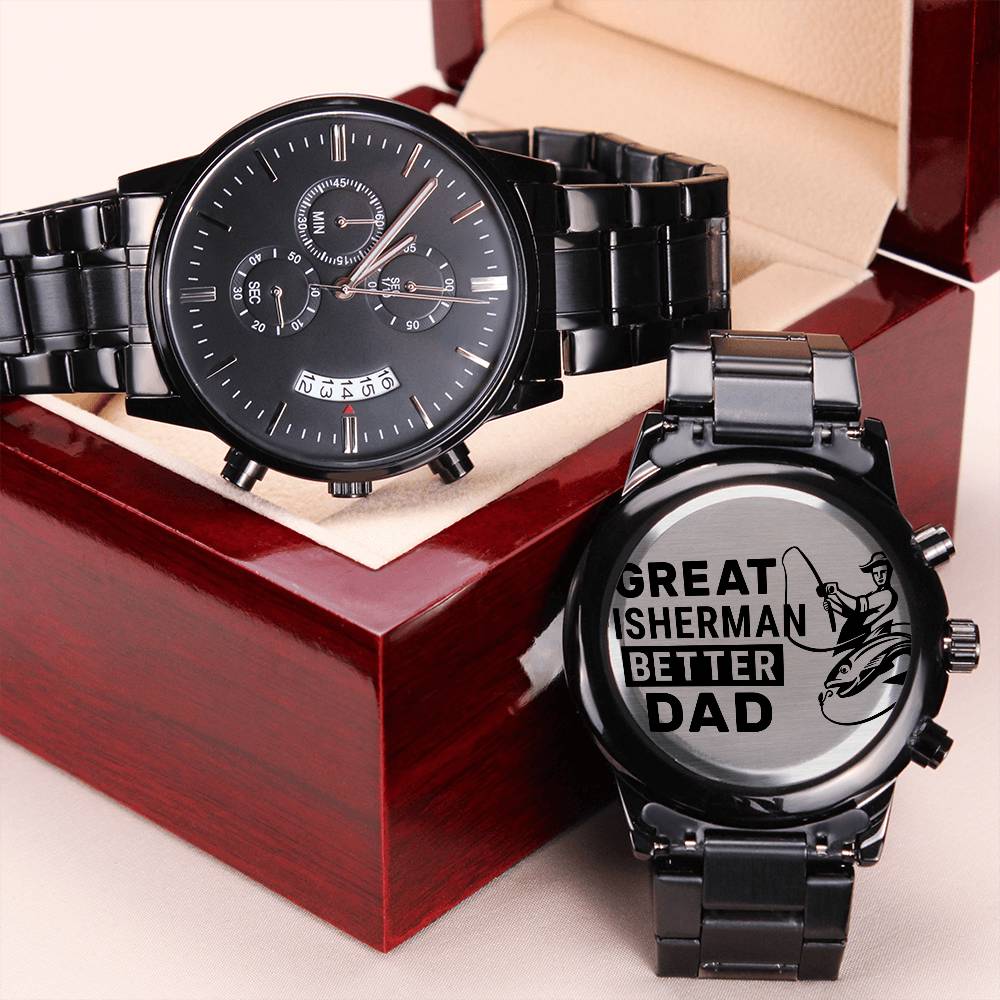 Engraved Black Chronograph Watch - Great fisherman better dad