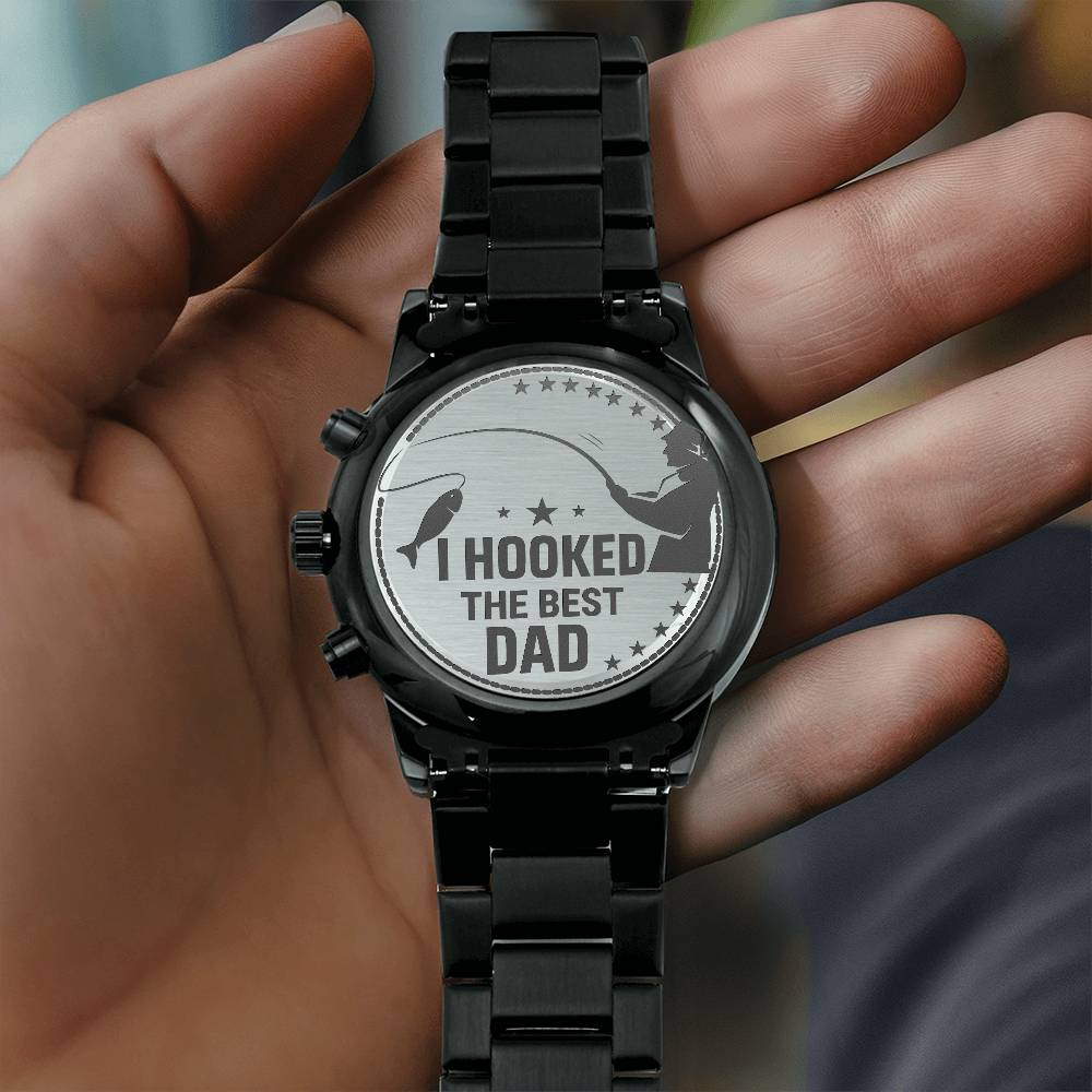 Engraved Black Chronograph Watch - I hooked the best dad