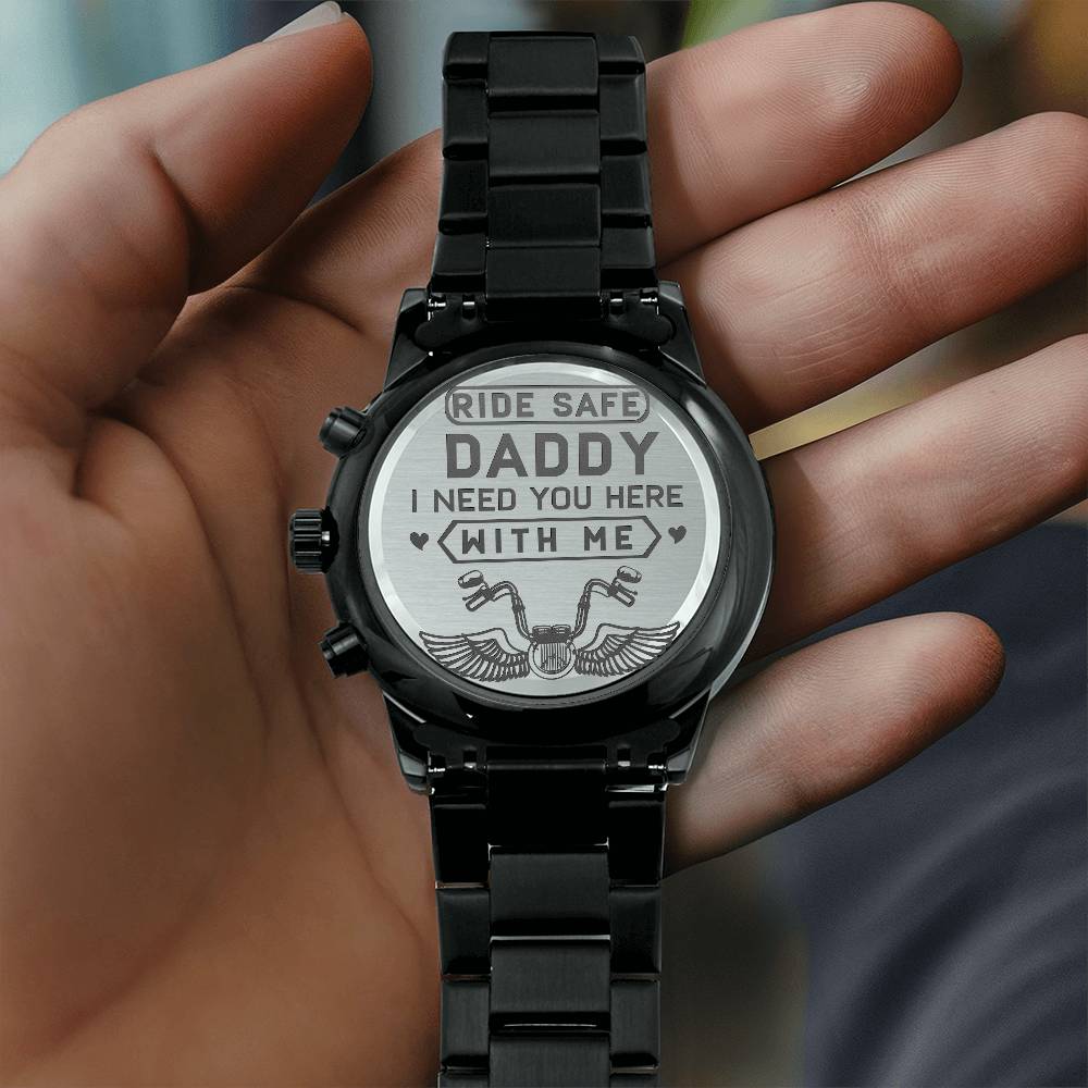 Engraved Black Chronograph Watch -Ride Safe Daddy