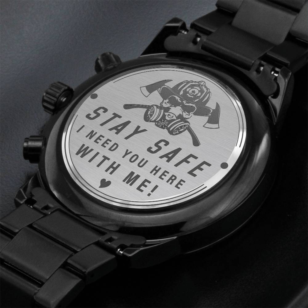 Engraved Black Chronograph Watch - Stay safe