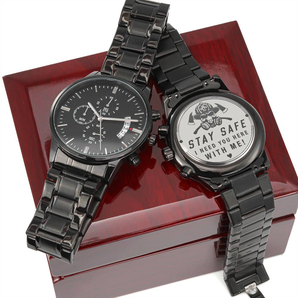 Engraved Black Chronograph Watch - Stay safe