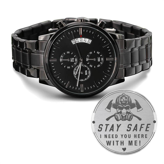 Engraved Black Chronograph Watch - Stay safe