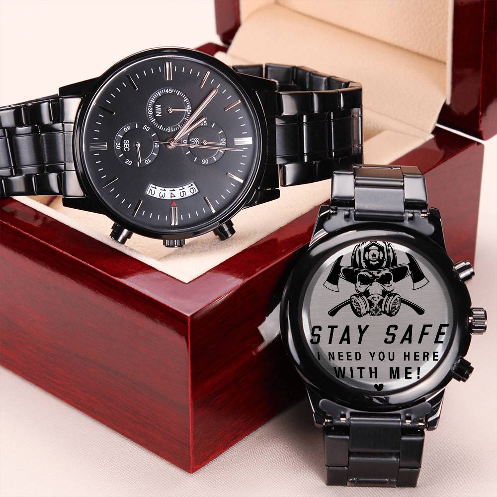 Engraved Black Chronograph Watch - Stay safe