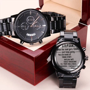 Engraved Design Black Chronograph Watch - personalized gift For Stepson