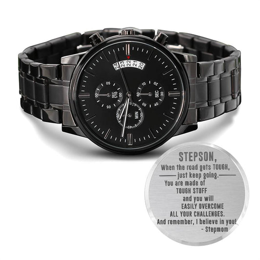 Engraved Design Black Chronograph Watch - personalized gift For Stepson