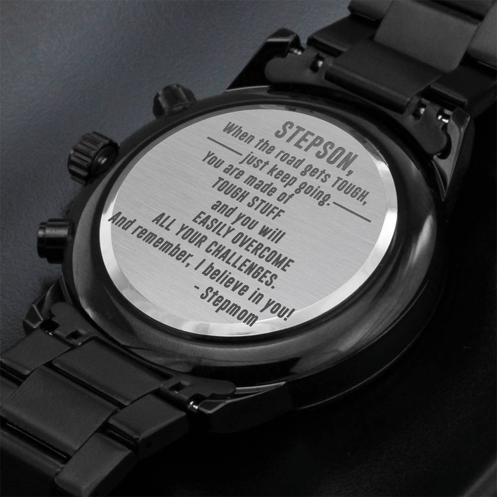 Engraved Design Black Chronograph Watch - personalized gift For Stepson