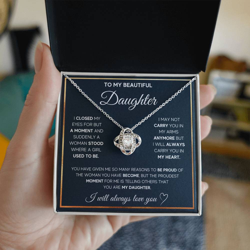 To My Daughter, I Will Always Carry You In My Heart Love Knot Necklace