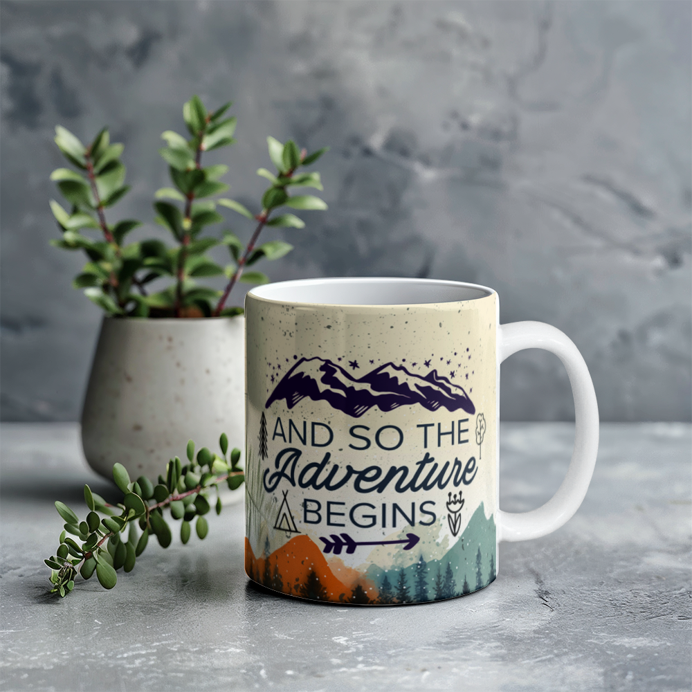 White Ceramic Mug 11oz Design, Adventure