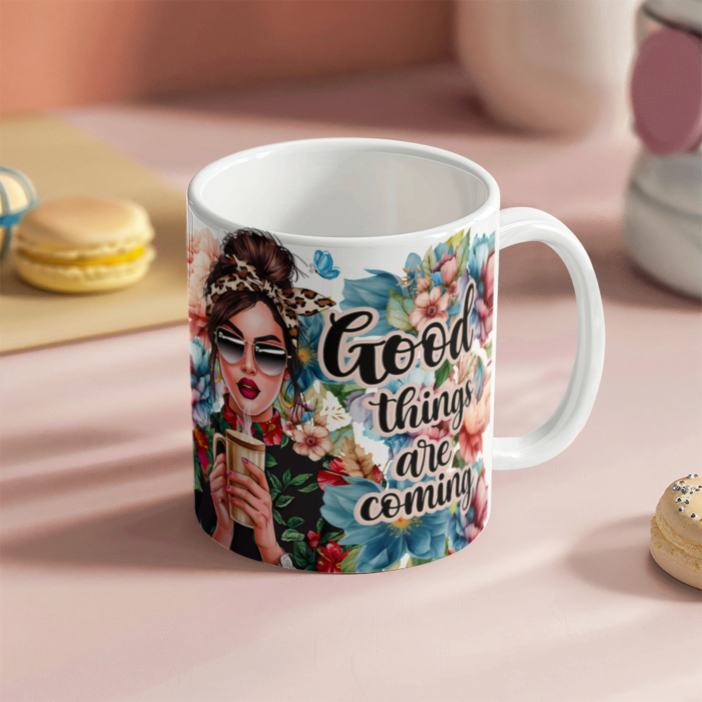 White Ceramic Mug 11oz Design-Good things are coming