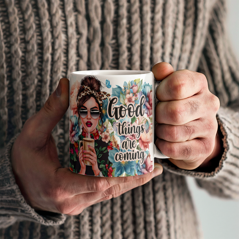 White Ceramic Mug 11oz Design-Good things are coming