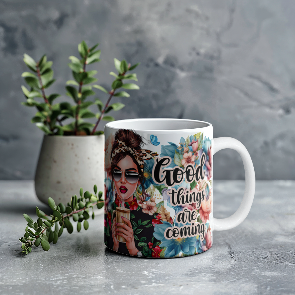 White Ceramic Mug 11oz Design-Good things are coming