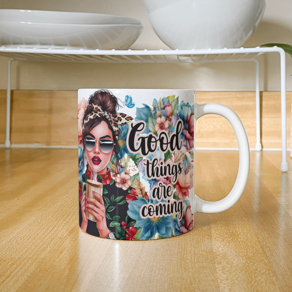 White Ceramic Mug 11oz Design-Good things are coming