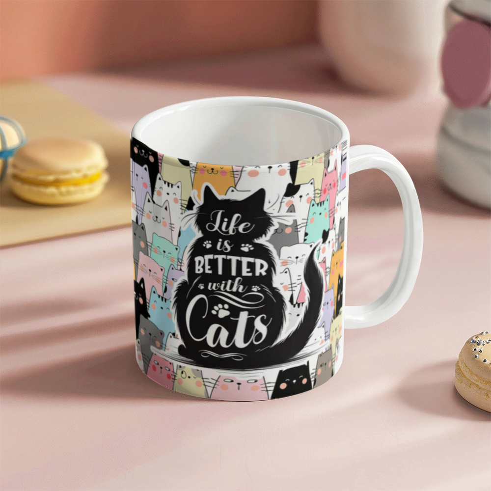 White Ceramic Mug 11oz Design, Life is better with cats