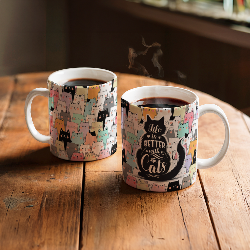 White Ceramic Mug 11oz Design, Life is better with cats