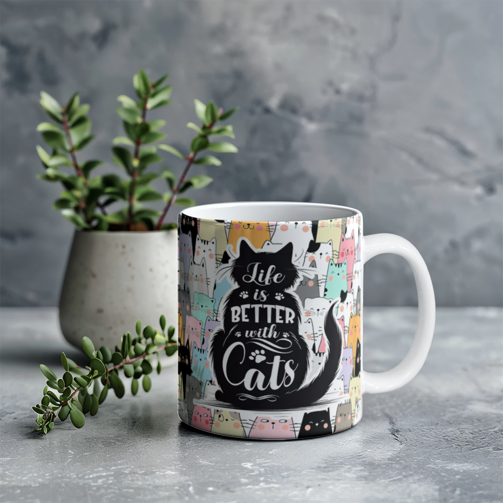 White Ceramic Mug 11oz Design, Life is better with cats