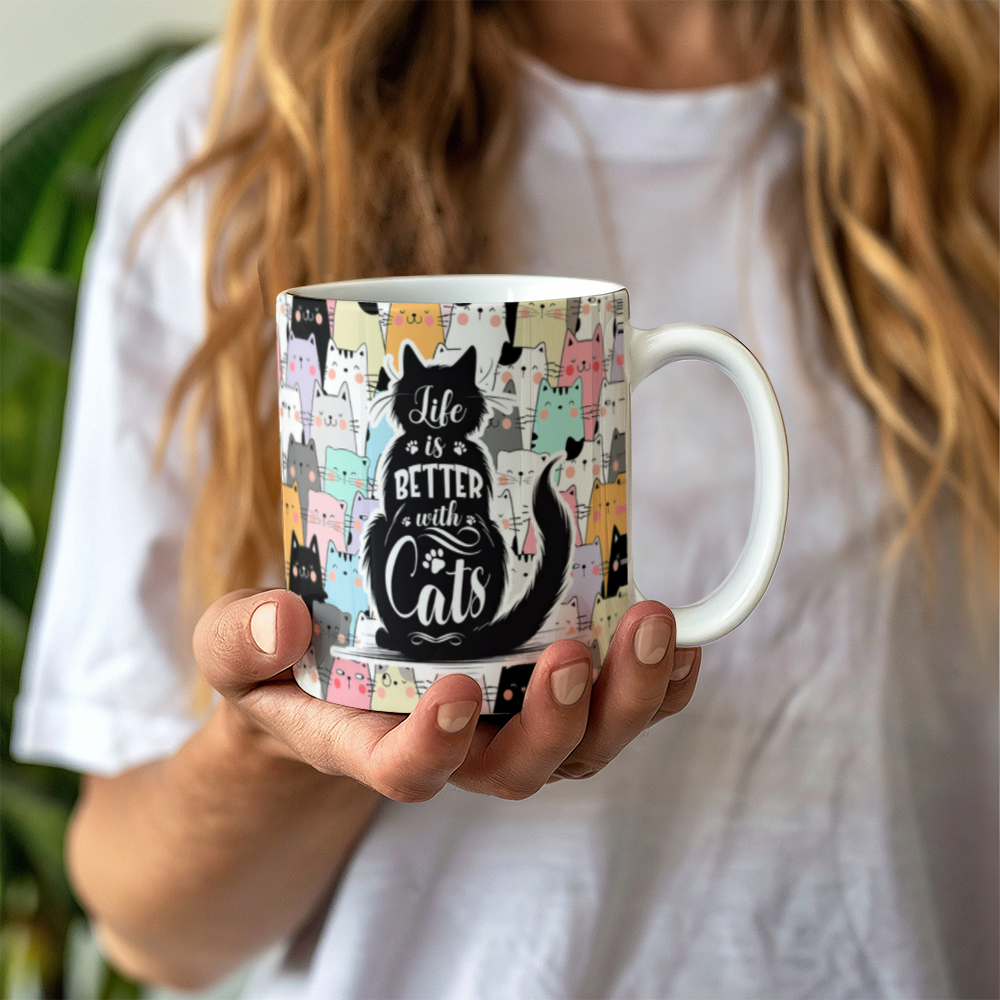 White Ceramic Mug 11oz Design, Life is better with cats