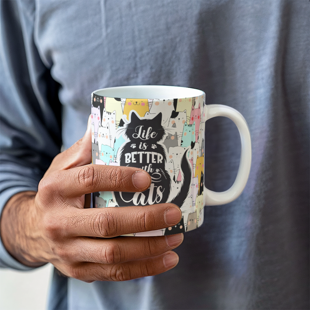 White Ceramic Mug 11oz Design, Life is better with cats