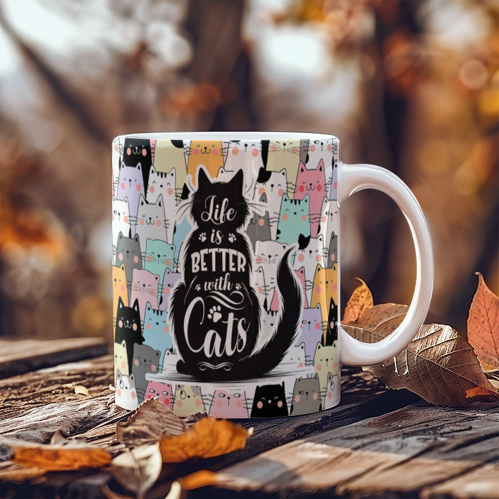 White Ceramic Mug 11oz Design, Life is better with cats