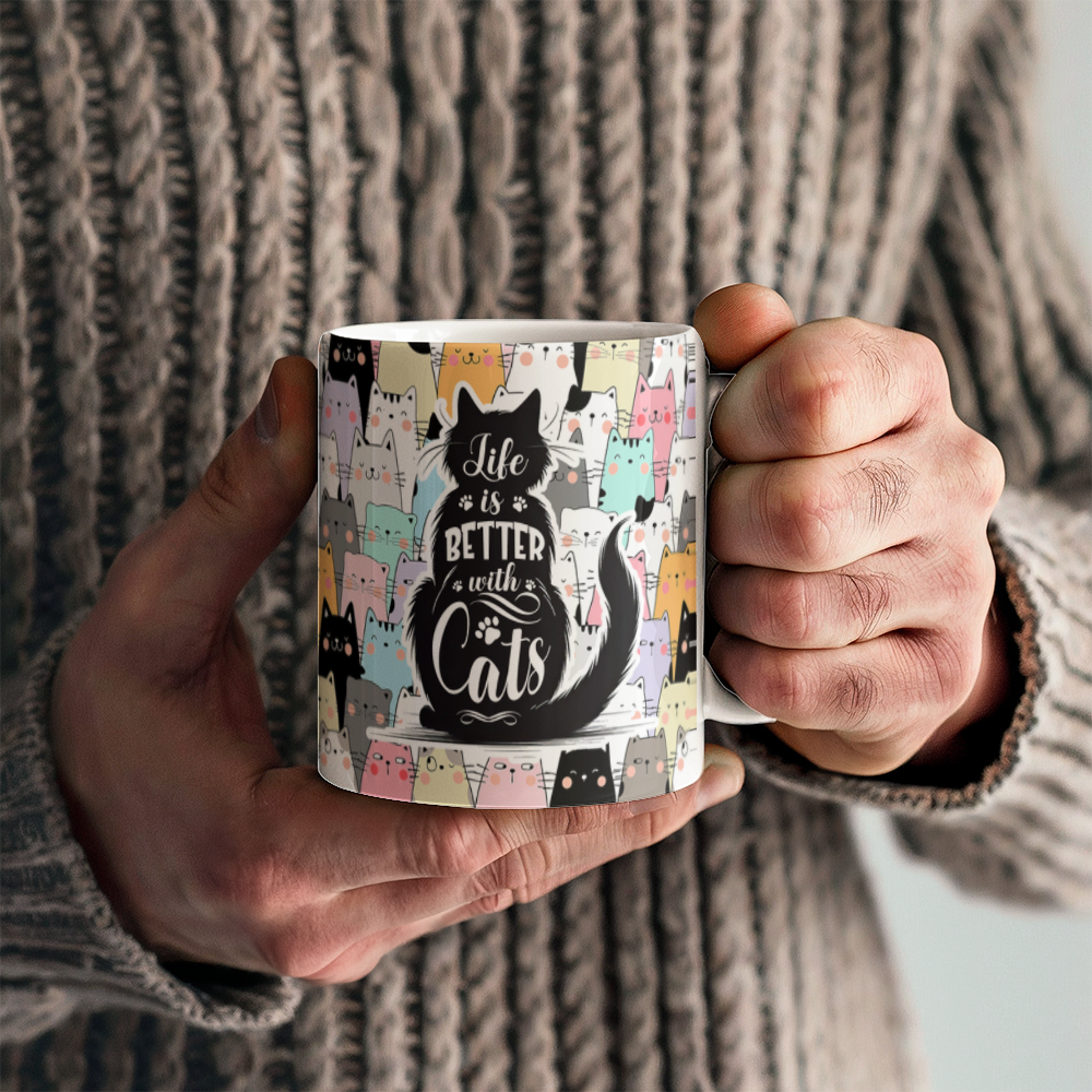 White Ceramic Mug 11oz Design, Life is better with cats