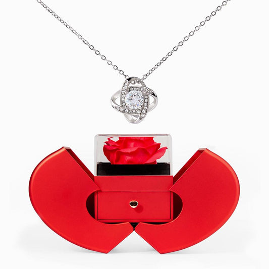 Love Knot Necklace and Red Heart Rose Box Gift Set